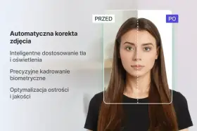Automatyczna korekta zdjęcia z precyzyjnym kadrowaniem biometrycznym. Zobacz, jak inteligentne dostosowanie tła i oświetlenia poprawia jakość.
